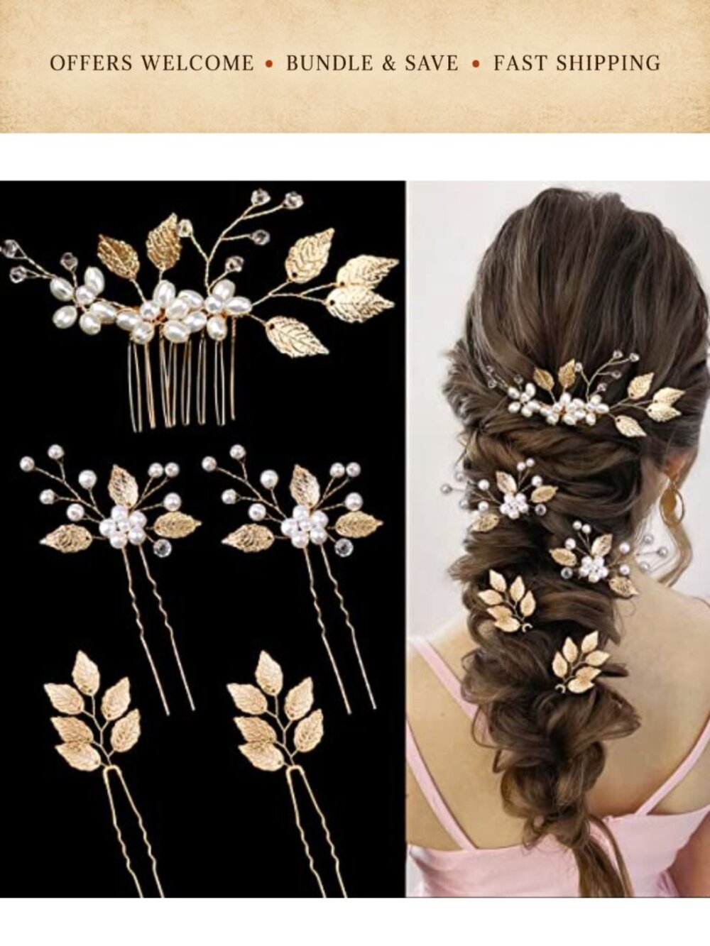 5 Piece Crystal Pearl Leaf Hair Pins & Comb Bridal Wedding Set